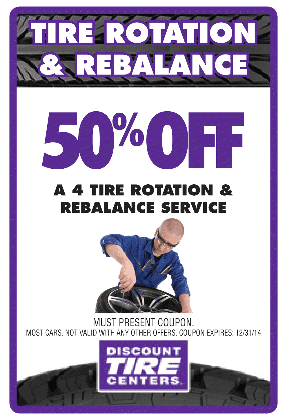 Discount Tire Centers recommends you rotate and re-balance your tires regularly.  take advantage of this special to save you money today!<br>
<a 
	class="btn-purple"
        style="font-weight:bold;"
	href="https://www.discounttirecenters.com/appointment.php" 
	target="_blank" 
	title="Make Appointment"
>MAKE AN APPOINTMENT
</a>
